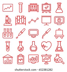 Analysis icons set. set of 25 analysis outline icons such as board, test tube, pipette, heartbeat clipboard, test tube search, heartbeat, line graph, microscope