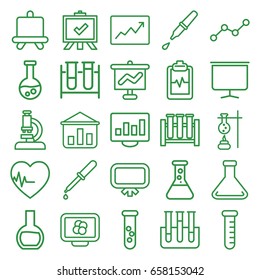 Analysis icons set. set of 25 analysis outline icons such as board, test tube, pipette, heartbeat clipboard, heartbeat, line graph, microscope, atom on display, graph on board
