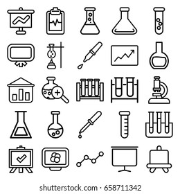 Analysis icons set. set of 25 analysis outline icons such as board, test tube, pipette, heartbeat clipboard, test tube search, line graph, microscope, atom on display