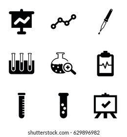 Analysis icons set. set of 9 analysis filled icons such as board, heartbeat clipboard, test tube, pipette, test tube search, line graph