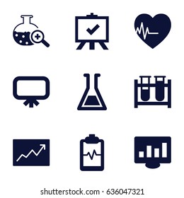 Analysis icons set. set of 9 analysis filled icons such as board, test tube, heartbeat clipboard, test tube search, heartbeat, line graph