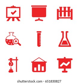 Analysis icons set. set of 9 analysis filled icons such as board, test tube search, test tube