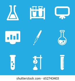 Analysis icons set. set of 9 analysis filled icons such as board, test tube, pipette