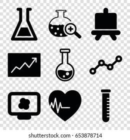 Analysis icons set. set of 9 analysis filled icons such as board, test tube search, heartbeat, test tube, line graph