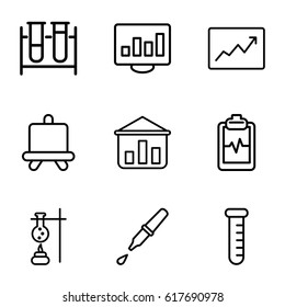 Analysis icons set. set of 9 analysis outline icons such as board, test tube, heartbeat clipboard, pipette, line graph, graph on board
