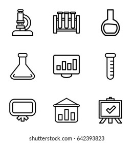 Analysis icons set. set of 9 analysis outline icons such as board, test tube, microscope, graph on board