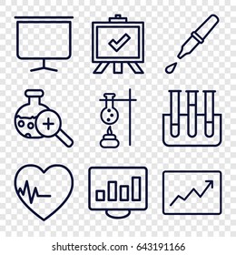 Analysis icons set. set of 9 analysis outline icons such as board, test tube, pipette, test tube search, heartbeat, line graph