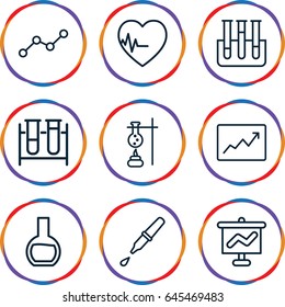 Analysis icons set. set of 9 analysis outline icons such as test tube, pipette, heartbeat, line graph
