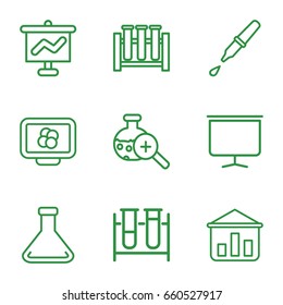 Analysis icons set. set of 9 analysis outline icons such as test tube, pipette, test tube search, board, atom on display