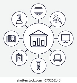 Analysis icons set. set of 9 analysis outline icons such as board, heartbeat clipboard, test tube search, test tube
