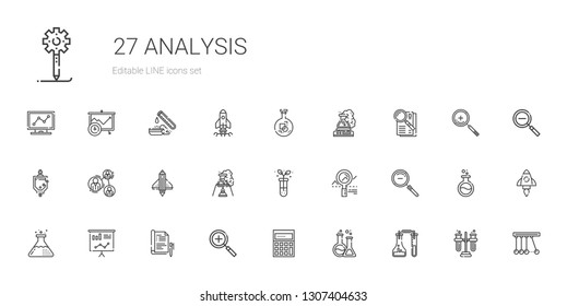 analysis icons set. Collection of analysis with flask, calculating, zoom in, report, statistics, zoom out, analytics, test tube, startup. Editable and scalable analysis icons.