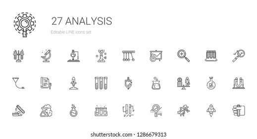 Analysis Icons Set. Collection Of Analysis With Startup, Analytics, Ph, Test Tube, Flask, Scale, Urinal, Report, Funnel, Zoom In, Newton. Editable And Scalable Analysis Icons.