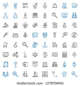analysis icons set. Collection of analysis with zoom in, ph, funnel, test tube, flask, scale, urinal, startup, statistics, creative process. Editable and scalable analysis icons.