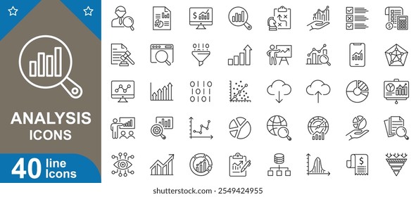 Conjunto de ícones de análise. Dados, insights, análises, gráficos, relatórios, estatísticas, painéis e muito mais. ícones da web de linha fina definem ilustração vetorial.