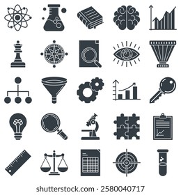 Analysis icons set, Included icons as Lightbulb, Magnifying Glass, Funnel, Spreadsheet and more symbols collection, logo isolated vector illustration
