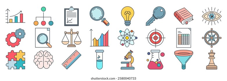Analysis icons set, Included icons as Lightbulb, Magnifying Glass, Funnel, Spreadsheet and more symbols collection, logo isolated vector illustration