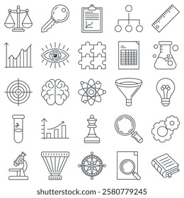 Analysis icons set, Included icons as Lightbulb, Magnifying Glass, Funnel, Spreadsheet and more symbols collection, logo isolated vector illustration