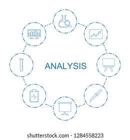 analysis icons. Trendy 8 analysis icons. Contain icons such as test tube search, board, line graph, chart on display, pipette, heartbeat clipboard. analysis icon for web and mobile.