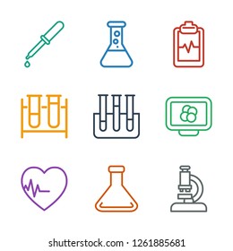 analysis icons. Trendy 9 analysis icons. Contain icons such as microscope, test tube, heartbeat, atom on display, heartbeat clipboard, pipette. analysis icon for web and mobile.