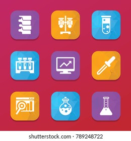 Analysis icons. vector collection filled analysis icons set.. includes symbols such as graph on display, search graph, test tube, pipette. use for web, mobile and ui design.