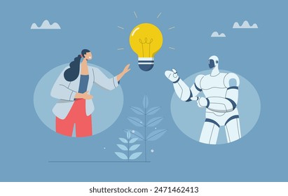 Analysis of ideas to solve and improve businesses, Collaboration of personnel with artificial intelligence or AI, Development of new innovative products. Businesswoman shares ideas with robot.