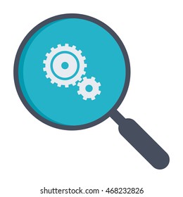 Analysis illustration with magnifying glass and gears.