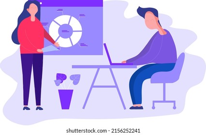 Analysis illustration with two persons. Analyze your project. Board with statistics	
