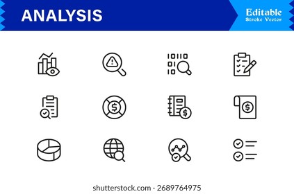Analysis And Insight Line Icon Pack Unique, Clean, and Editable Collection of Minimal Style Icons for Reports, Charts, and Strategic Evaluation