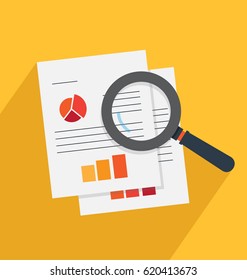 Analysis and investigation vector illustration. Magnifying glass and documents.