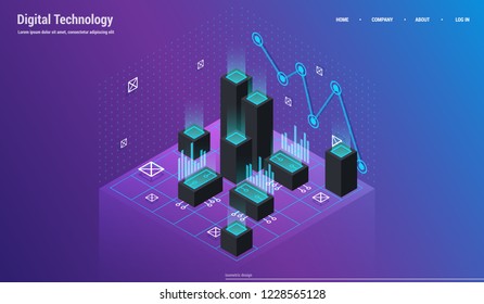 Analysis and Investment. Data visualization concept. 3d isometric vector illustration. Big data flow processing concept, cloud database.