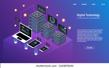 Analysis and Investment. Data visualization concept. 3d isometric vector illustration. Big data flow processing concept, cloud database.