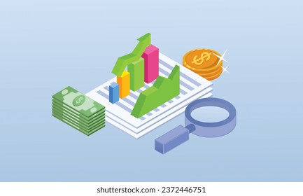 Analysis and investment information.on blue background.3D design.isometric vector design Illustration.