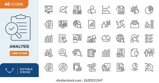 Analysis Line Editable Icons set. Containing analysis, infographic, analytics, balance, charts, report, and more. vector illustration