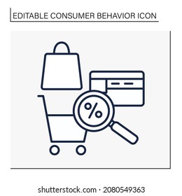 Analysis line icon. Researching customer tastes. Discount card. Shopping cart. Customer behavior concept. Isolated vector illustration. Editable stroke