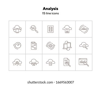 Conjunto de iconos de línea de análisis. Investigación, diagrama, nube. Concepto de negocio. Se puede utilizar para temas como servidor, proceso, administración