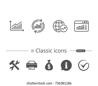 Analysis line icons. Chart, Report and Global Statistics signs. Browser window data and Presentation symbols. Information speech bubble sign. And more signs. Editable stroke. Vector