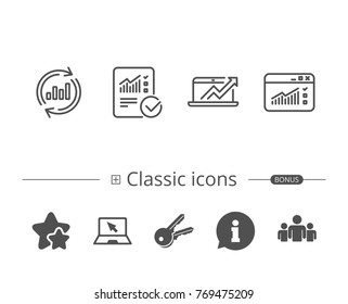 Analysis line icons. Chart, Report and Global Statistics signs. Browser window data and Presentation symbols. Information speech bubble sign. And more signs. Editable stroke. Vector