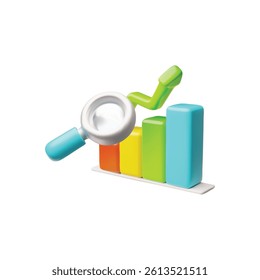 Analysis with magnifying glass 3D vector set. Diagram, growth trend chart and linear graphs. Planning and economical statistics infographic, progress marketing. Financial services, business management