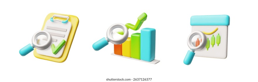 Analysis with magnifying glass 3D vector set. Diagram, candlestick chart and linear graphs. Planning and economical statistics infographic, progress marketing. Financial services, business management