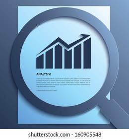 Analysis. Magnifying glass with graph-up on paper. Vector.