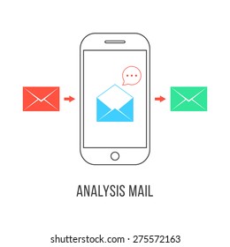 analysis mail with colored letters and smartphone. concept of e-commerce, service, inbox, promotion, analytics sms, spam. isolated on white background. flat style modern design vector illustration