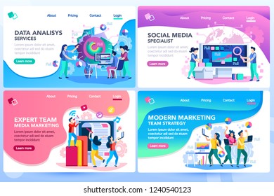 Analysis management consult. Marketing modern strategy. Menu project navigation on software research. Characters on website tutorial template. Modern vector illustration flat concept set, landing page