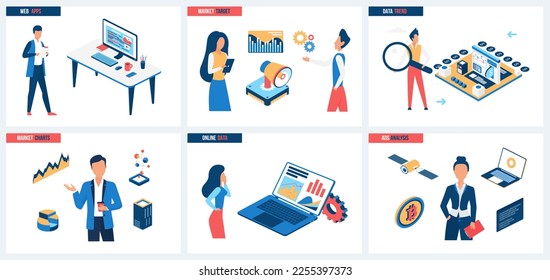 Analysis of market trends and online data, web applications set vector illustration. Cartoon tiny people research financial charts on desktop, work with laptop and magnifying glass for investment