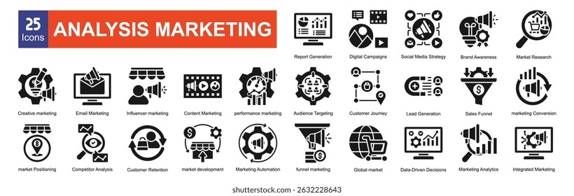 conjunto de coleta de pacotes de ícone de marketing de análise para negócios


