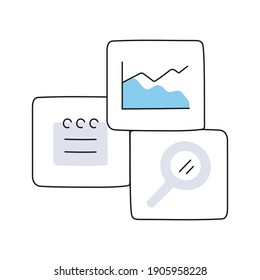 Analysis, marketing icon set with a chart bar, calendar, and loupe. Research, analysis, planning signs. Widget from three thin line vector icons on white.