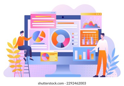 Analyse- und Überwachungskonzept. Männer bewerten Graphen und Diagramme. Finanzkompetenz- und Marketingforschung. Infografiken und Datenvisualisierung. Investitionen und Handel. Cartoon-Flavektor-Vektorgrafik