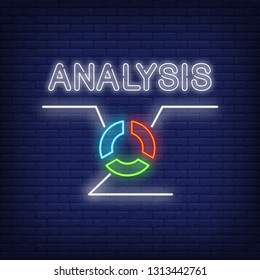 Analysis neon sign. Pie chart on brick wall background. Vector illustration in neon style for banners, posters, presentations