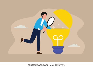 Análisis de nuevas ideas hombre de negocios inteligente que analiza ideas de negocios brillantes Ilustración vectorial plana 2d