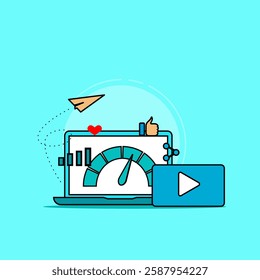 analysis of the number of video plays, illustration of creator content. flat vector with lines.