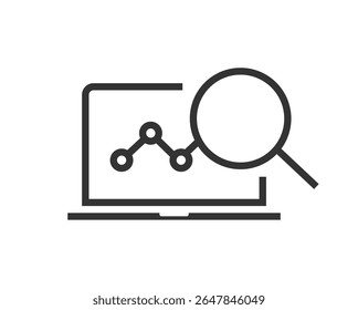 Analysis performance on laptop computer screen report icon web online graphic illustration line stroke art, statistics data audit outline linear thin sign symbol simple, sales kpi growth graph review